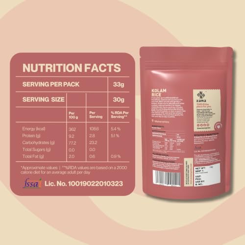 Image of Zama Organics Kolam Rice 1kg | Naturally Aged Aromatic Rice | Everyday Cooking Rice | Long Grain Rice | 1kg Pouch