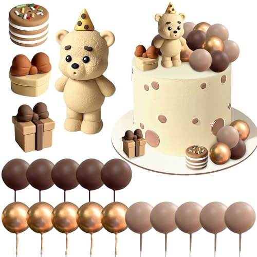 Tarta Oso de Peluche Decoración, 19 PCS Osos Boho Decoración de Tarta, Oso Marrón Babyshower Decoración, Decoración de Tarta de Bolas Marrones, para la Decoración de Pasteles Infantiles (Luz)