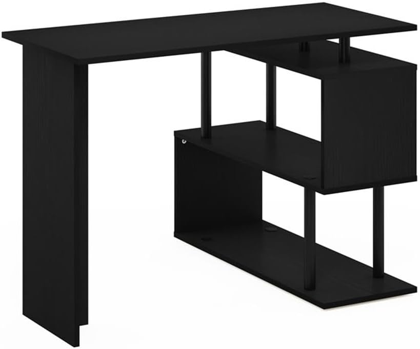 Pemberly Row L-Shape Computer Desk with 3-Tier Shelves, Americano/Black Finish, Durable Composite Wood, Compact Design Home Office Desk, Reversible Shelves, Small Rooms Workspace