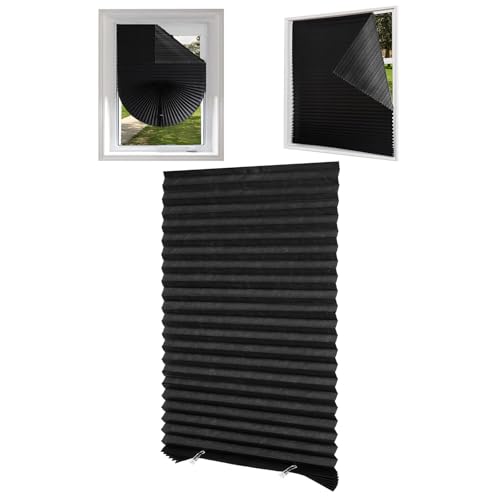 Piriuuo Window Blinds Cordless, No Drill Blinds for Windows Temporary Window Blackout Shades Self Adhesive Paper Pleated Blind for Indoor Cut to Size Windows Blind Shades for Home, 23.6 * 59 (Black)