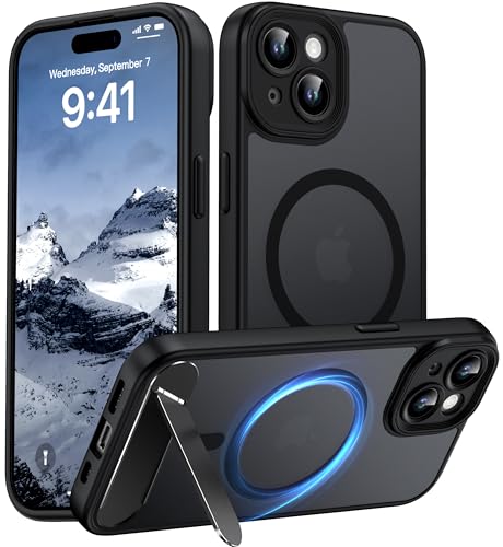 AMILIFECASES Magnetic Compatible with iPhone 15 Case [Built-in Invisible Kickstand][Compatible with MagSafe][Full Camera Protection] Translucent Matte Phone Case for iPhone 15 6.1 Black