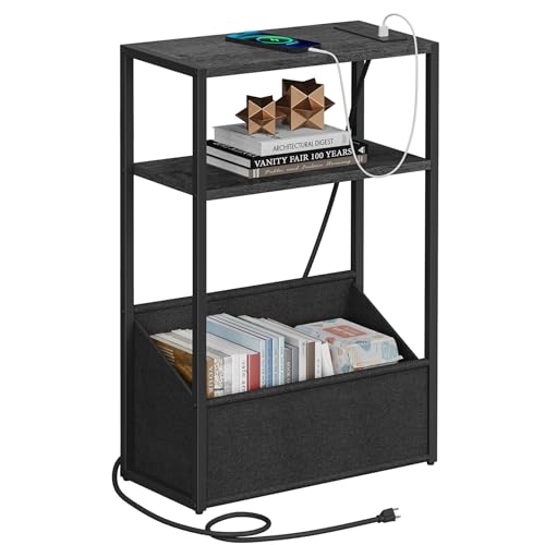 TUTOTAK Tavolino stretto piccolo, comodino con stazione di ricarica, tavolino con contenitore, comodino per piccoli spazi, soggiorno, camera da letto, grigio antracite TB01BY095