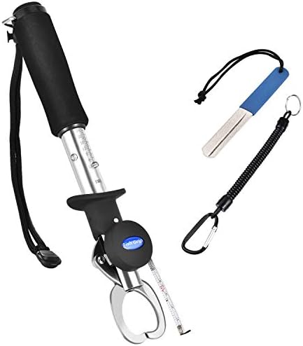 FIRINER Fish Gripper with Scale and Ruler 3 in 1 Portable Stainless Steel Fish Lip Grabber Tool Set Max 33lbs Weight Scale Including Lure Gear Fishing Hook Sharpener and Lanyard Grip
