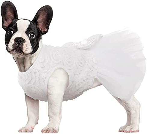 Kuoser Dog Wedding Dress, Adorable Tutu Dog Dresses, Retro Dog Dresses Outfit with Luxury Lace Pearl Bow, Striped Mesh Cute Puppy Dress for Birthday Party, Wedding, Christmas and Hollow Pet Apparel