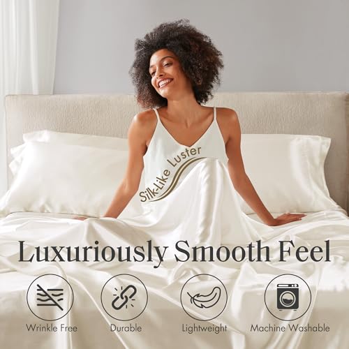 Image of Madison Park Essentials Satin Sheets Split King Size Bed Set, 7 Pcs, Ivory | Luxury and Smooth Silky Bedding with Natural Sheen, All Around Elastic 14 inch Pocket fits up to 16 inch Mattress, Year-Round Cozy