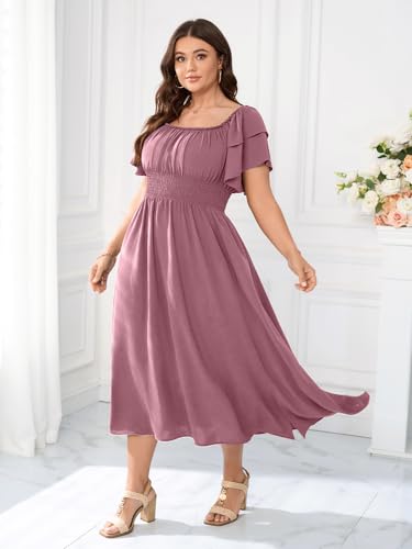 Image of Plus Size Maxi Dress Off The Shoulder Ruffle Smocked Wedding Guest Cocktail Slit Hem Flowy Dresses for Curvy Women