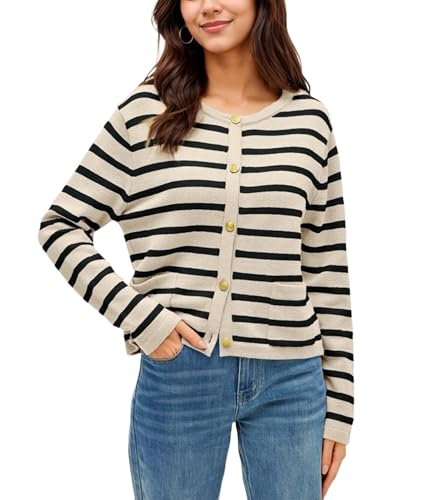 Timuspo Damen Strickjacke Gestreifte Langarm Beige Cardigan mit Taschen Rundhals Oberteile Baumwoll Pullover Mode Herbst Strickjacken Aprikose M