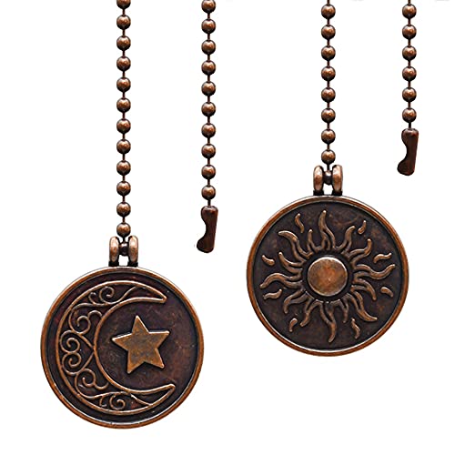 Image of Ceiling Fan Pull Chain Set, 2 PCS Sun and Moon Pattern Pull Chain Extension,Red Copper