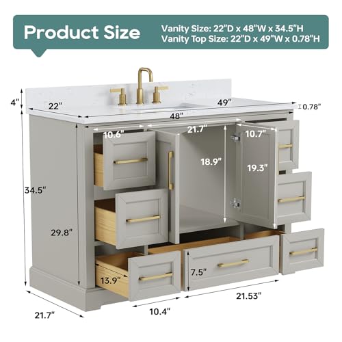 DELUXE LIVING 48 Inch Bathroom Vanity with Sink Combo, Solid Wood Frame with Mable Top &Backspalsh, Fully-Assembled with Soft-Closing Doors & 7 Drawers, Greige