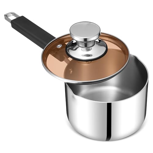 Herogo Stainless Stielkasserolle 18cm, Dreifach-Edelstahl- Milchtopf mit Glasdeckel, kleiner Kochtopf mit Ausgießer, Mehrzweck-Kochgeschirr für Keramik/Elektro/Induktion, Spülmaschinenfest