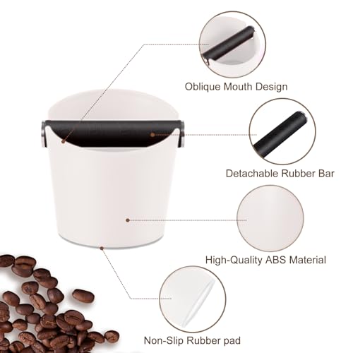 Abklopfbehälter für Siebträger Espresso Abklopfbehälter Kaffeesatz Abschlagbox Knock Box Stoßdämpfende Espresso Klopfbox Barista Stil mit Abnehmbarer Metall-Klopfstange und Rutschfester Basis Weiß