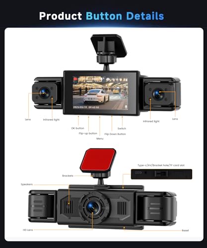 Image of 360 Dash Cam Front and Rear Inside Left Right, 4 Channel FHD 1080P Dash Cam for Cars, 3 Inch IPS Dashcams with Night Vision, Loop Recording, 24H Parking Mode Monitor, Reverse View