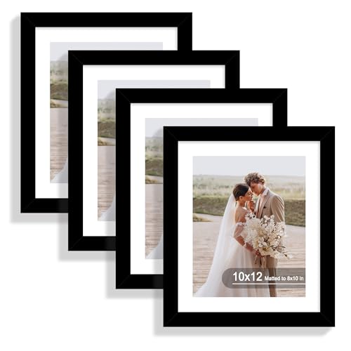 Hongkee 10x12 Picture Frame Set of 4, Real Glass and Wooden Frame, 8x10 Mat