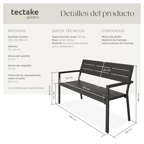 tectake® Banco de Jardín Moderno para Dos Personas, Estructura de Aluminio Resistente, Banco Jardin, Asiento de Poliestireno Efecto Madera, Ideal para Patio y Terraza Exterior - Oscuro - imagen 3