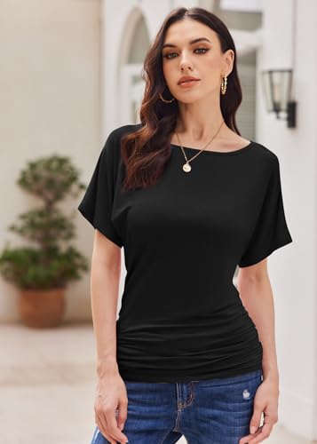 Womens Ruched Tops Casual T Shirts Dolman Short Sleeve Shirts Boat Neck Summer Off Shoulder Batwing Tops 20252