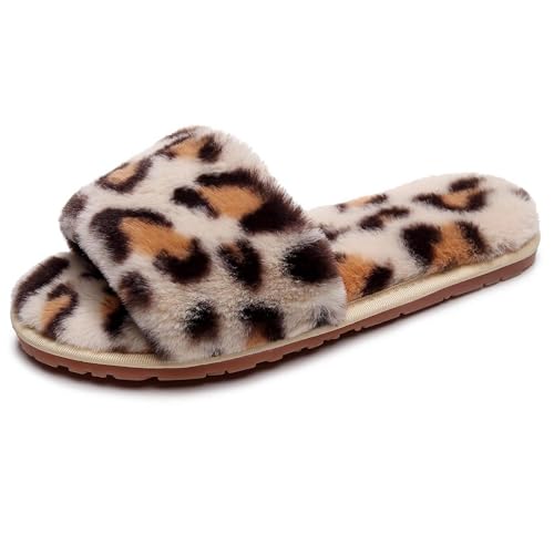 Women's Fuzzy Fluffy Furry Fur Slippers Flip Flop Open Toe Cozy House Sandals Slides Soft Flat Comfy Anti-Slip Spa Indoor Outdoor Slip on, White, 9-10
