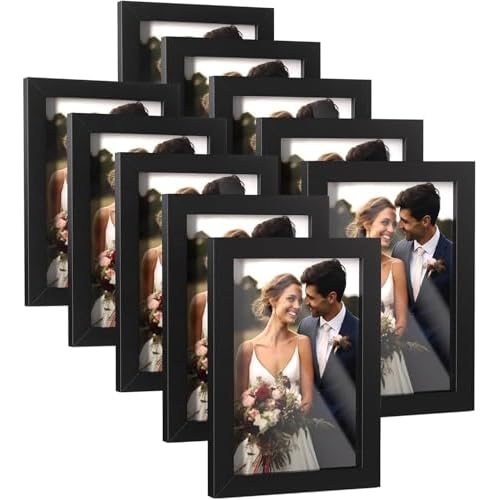 HappyHapi 4×6 Picture Frames Set of 10, Tabletop or Wall Display Pictures 3.5×5 with Mat or 4×6 Without, Multi Photo Frames Collage (Black)