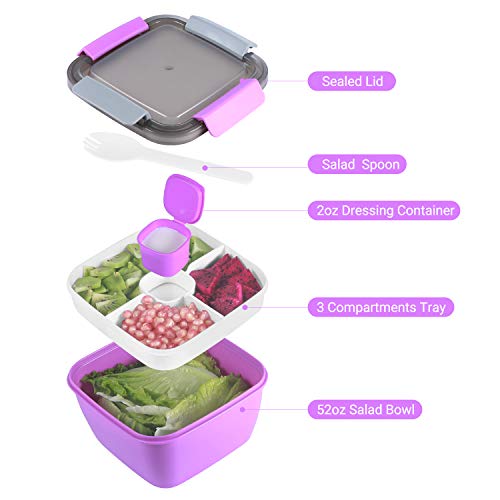 Freshmage Salad Lunch Container To Go, 52-Oz Salad Bowls With 3 Compartments, Salad Dressings Container For Salad Toppings, Snacks, Men, Women (Purple) #TOP1