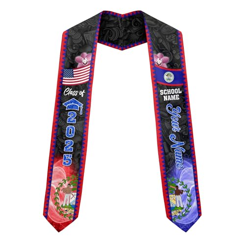 MonkeyVan Custom Belize Graduation Sash Belize Stole for Graduation Belize Flag Gift Graduation Sash Graduation Stole Bz14