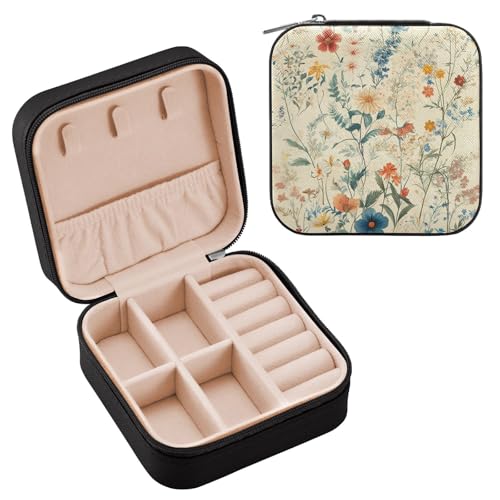 Ttgoth Joyero de flores coloridas para mujeres y niñas, estuche portátil de viaje de piel sintética, joyero para anillos, aretes, collares, pulseras, organizador de joyas, 10 x 10 x 5 cm