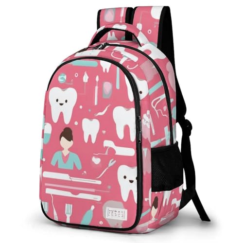 Casual Backpack for Unisex Adult, Novelty Teeth Dental Seamless Pattern Pink Large Capacity Backpack for Daily Use, Portable Shoulder Bag for Women Men