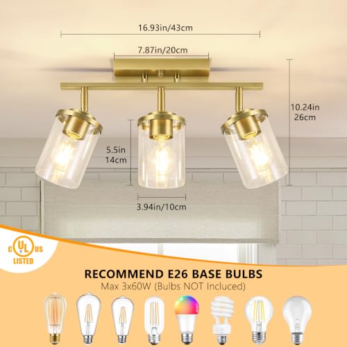 FadimiKoo 3-Lights Semi Flush Mount Ceiling Light, Brushed Gold Close to Ceiling Light Fixtures, Kitchen Light Fixture with Clear Glass, Rotatable Tracking Lights for Hallway, Foyer, Living Room by FadimiKoo - Used condition - Image 2
