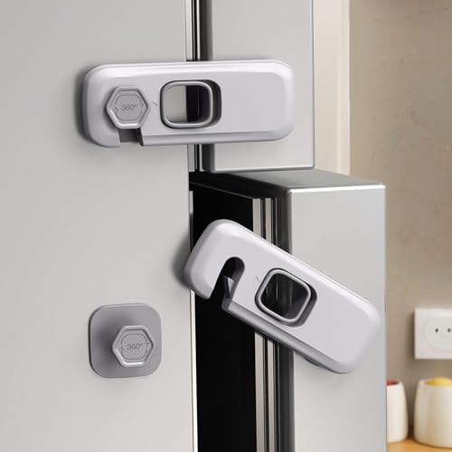 Child Proof Refrigerator Lock 2 Pack Adhesive Fridge Lock for Kids Baby Safety Locks for Fridge Oven Cupboard & RV Appliances (Grey)