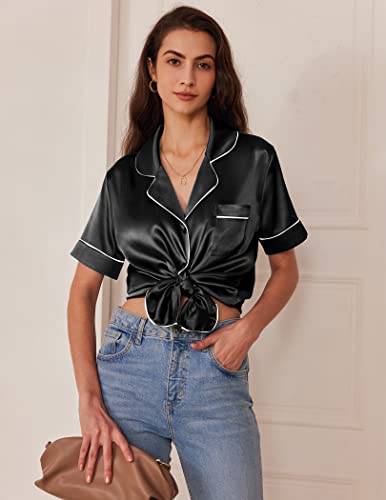 Ekouaer Silk Pajamas Set Satin Button Down Bridesmaid Pajamas Classic Soft Pjs Set(Black,Small) #TOP2