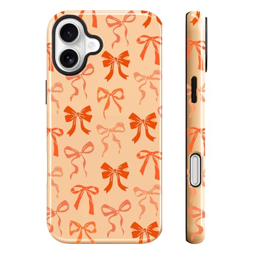 Image of Magnetic for iPhone 17 Case for Women Men, Orange Bow | Cute Ribbon Bow Pattern Design [Compatible with MagSafe] 2-Layer Hybrid Shockproof Glossy Protective Cover