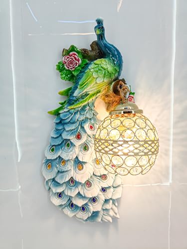 Image of swanart Decorative Plumora Peacock Wall Light with Crystal Lamp - 46 cm Artistic LED Wall Mount Light, Vibrant Colors & Gold Accents for Bedroom, Living Room, and Hallways - 3D Handcrafted Design