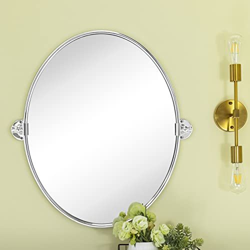 Image of TEHOME Oval Chrome Metal Pivot Bathroom Vanity Mirror Tilting Vanity Mirrors for Wall, Overall 22.99 x 24 inches (Mirrror 19 x 24 inches)