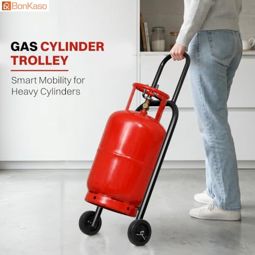 Image of Bonkaso Gas Cylinder Trolley with Handle, Heavy-Duty Alloy Steel LPG Cylinder Hand Truck, 70 kg Load Capacity, 2 Fixed 100 mm PP Wheels, Powder-Coated Black for Home Kitchen Commercial Use