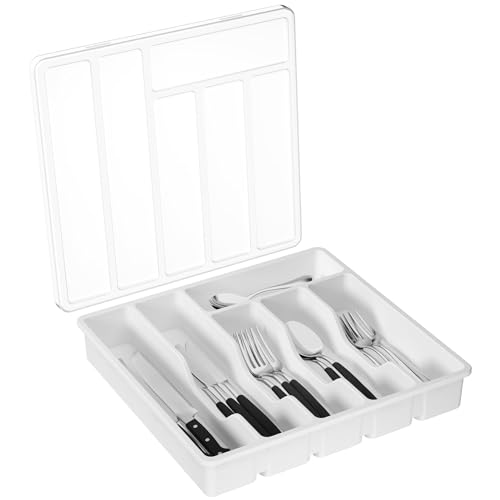 Lifewit Portaposate con Coperchio, Contenitore Porta Posate da Cassetto per Cucina, Organizer in Plastica per Cassetto per Cucchiai, Forchette, Coltelli, 6 Scomparti, Bianco