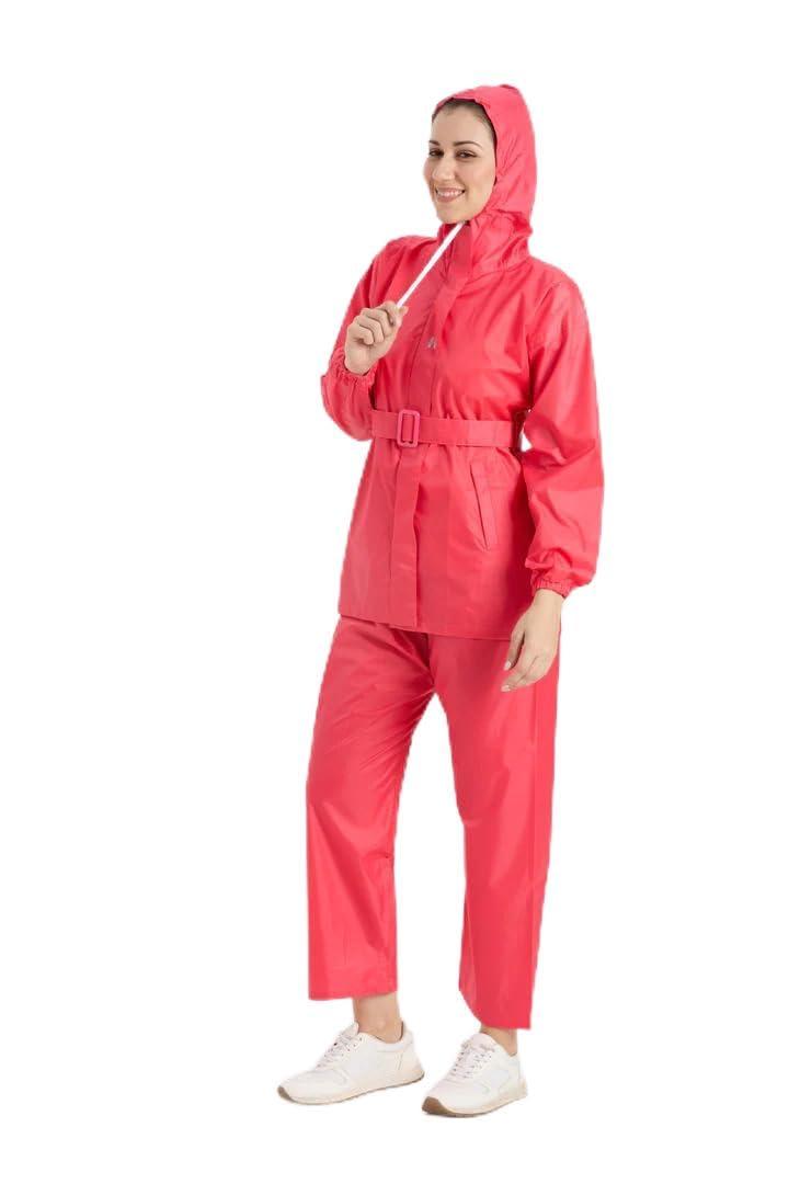 Women's Waterproof Rain Suit | Hooded Jacket & Pant Set with Adjustable Belt | Polyester Taffeta with PVC Coating | Pink-image-12