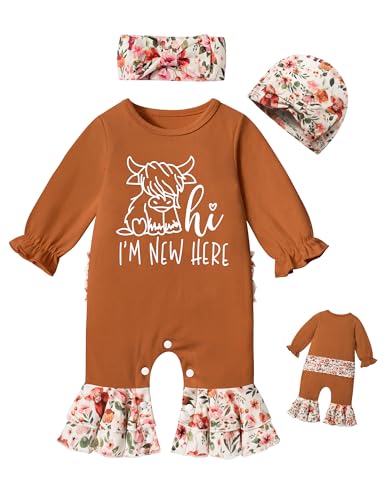 Image of AGAPENG Newborn Girl Clothes Ruffle Letter Print Romper Infant Bell Bottom Jumpsuit Boho Baby Girl Clothes with Headband Hat