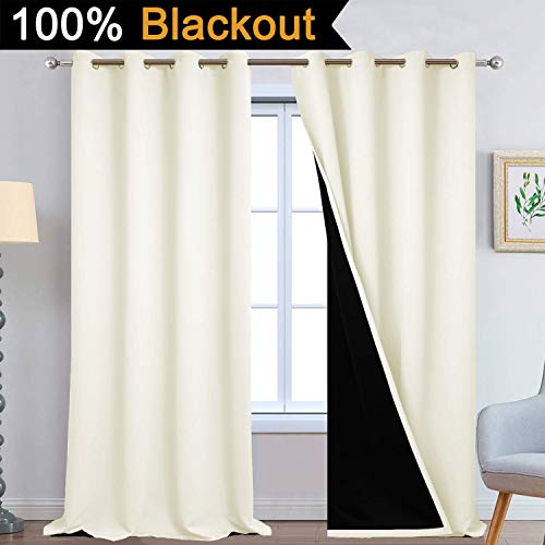 Image of Yakamok 100% Blackout Window Curtain Panels, Heat and Full Light Blocking Drapes with Black Liner for Nursery, 108 inches Drop Thermal Insulated Draperies (Cream, 2 Pieces, 52 Inch Width)