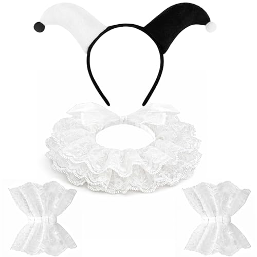 Lrvcnva Clown Collar Headband Cuffs Set Clown Costume Accessories with Jester Hat Ruffle Collar and Lace Wrist Cuffs White and Black