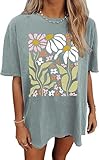Oversized Graphic Tees Shirt for Women Summer Casual Loose Vacation Tshirts Short Sleeves Flower Tops (Light Green,L)
