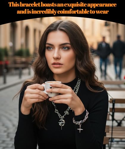 Image of 2 Pcs Gothic Jewellery Set, Edgy Moon Crescent and Star Necklace with Matching Chain Bracelet, Unisex Alternative Fashion Accessory for Men and Women, Perfect for Concerts, Festivals and Gift Giving