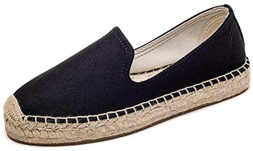 Image of Women's Classic Slip on Flat Shoes Casual Cap-Toe Platform Simple Espadrille Canvas Loafers Black Color Size 8.5