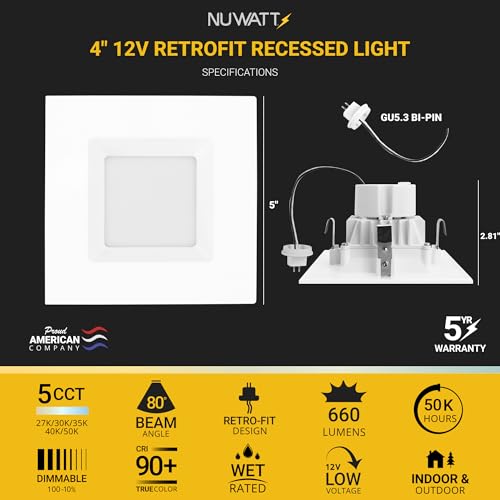 NuWatt 4 Inch MR16 LED Retrofit Recessed Lighting Square Trim, 27K/30K/35K/40K/50K 5CCT Selectable, 10W, 660LM, Dimmable, 12V Recessed LED Light, 4" Low Voltage GU5.3 MR16 LED Bulb Replacement, 6 Pack by NUWATT - Image 2
