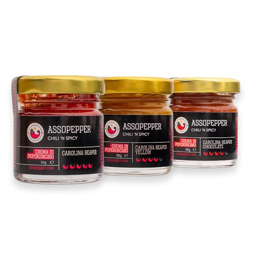 TRIS DI CREME DI PEPERONCINO CAROLINA REAPER RED YELLOW E CHOCOLATE DA 35gr PEPERONCINO AL 99,9% ATTUALE WORLD RECORD