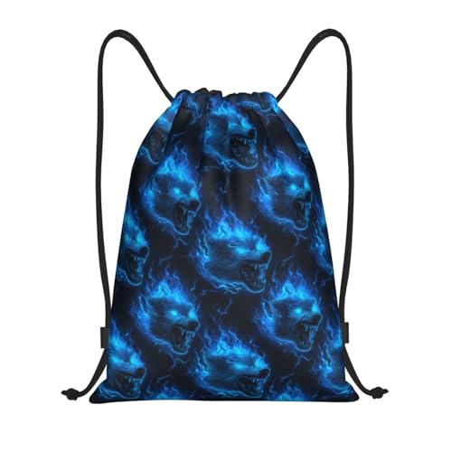 Drawstring Backpack - Lightning Wolf Head Blue Flame Print Sports Gym Sackpack String Bag For Women Men, Lightweight Draw String Back Bag For Workout Travel