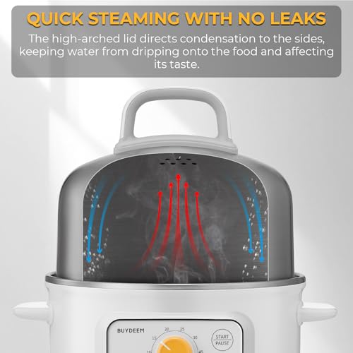 BUYDEEM G32 Electric Food Steamer 1.6QT, Stainless Steel Steamer for Vegetable Egg Seafood, 8 Time Settings, Triple Dry Protection, Quick Steam, Healthy Cooking for 1-2 Servings, Arctic White