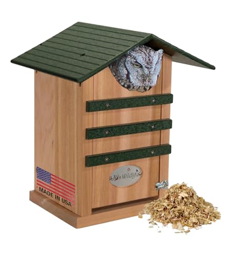 JCS Wildlife Screech Owl Nesting Box, Owl House, Cedar, with Poly Lumber Roof, Premium Build with Weather Proof Roof and Made in USA. Also for Saw-whet, Boreal, Elf owl, Kestrel & Others. Easy to