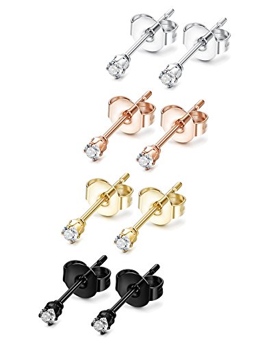 FIBO STEEL 4 Pairs 2MM Stainless Steel Stud Earrings for Men Women Cubic Zirconia Earrings