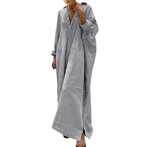 Robe chemise en coton lin rayures femmes longue robe maxi ample décontractée