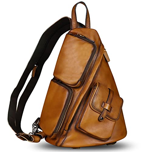 Ivtg Genuine Leather Sling Bag Crossbody Casual Hiking Daypack Vintage Handmade Chest Bag Shoulder Backpack Motorcycle Pack Rucksack (Brown) #TOP12