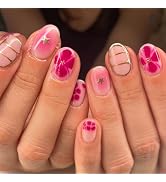 Short Oval Press on Nails Pink Flower Stars Fake Nails with Designs Summer Spring False Nails Gol...
