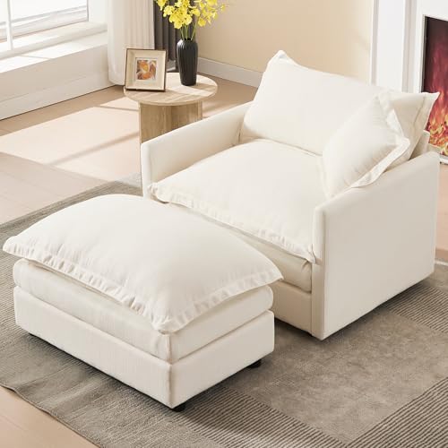 Janoray Oversized Chair with Ottoman Upholstered Comfy Single Sofa Chaise Lounge Chair Indoor for Reading Living Room, Bedroom, Office(Linen White)